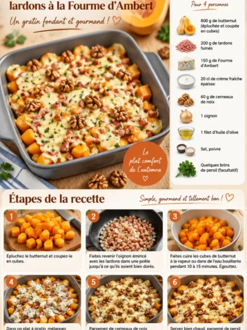 Gratin de butternut aux lardons et Fourme d’Ambert, plat savoureux et réconfortant.