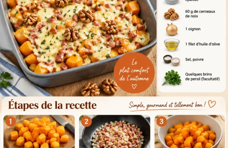 Gratin de butternut aux lardons et Fourme d’Ambert, plat savoureux et réconfortant.