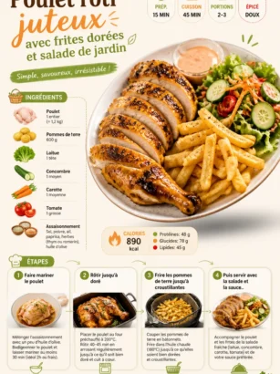 Poulet rôti juteux avec frites dorées et salade de jardin