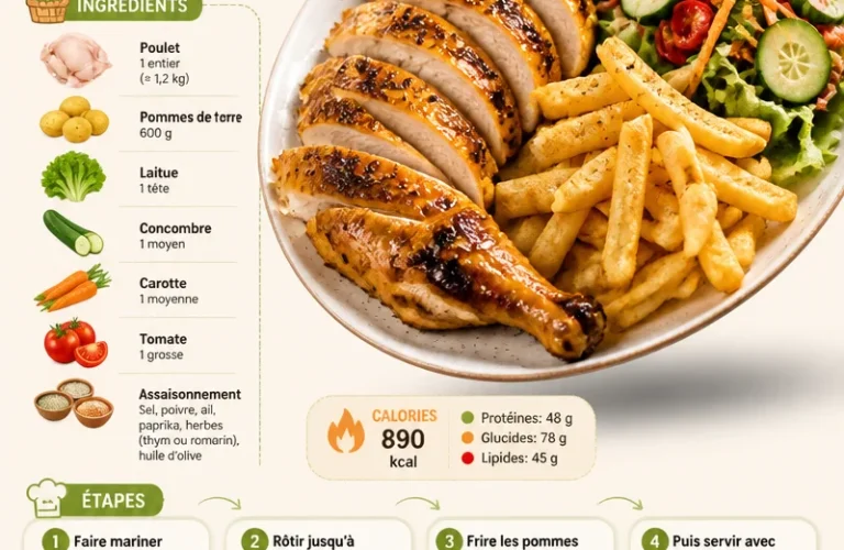 Poulet rôti juteux avec frites dorées et salade de jardin