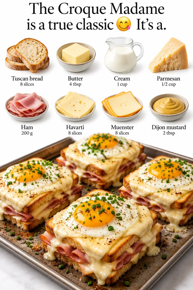 Le Croque Madame est un vrai classique 😋 ⁣ ⁣ C’est un jambon et fromage frit ou grillé, recouvert d’une sauce crémeuse au fromage et… [Vidéo] | Brunch pour un, petit-déjeuner œufs et jambon, idées de petit-déjeuner au jambon.
