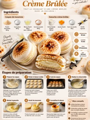Macarons à la crème brûlée, délicieuses douceurs françaises au goût unique.