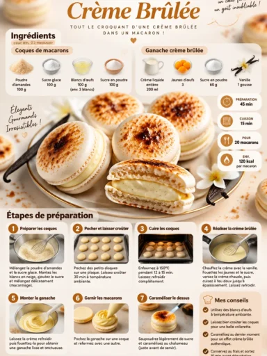 Macarons à la crème brûlée, délicieuses douceurs françaises au goût unique.