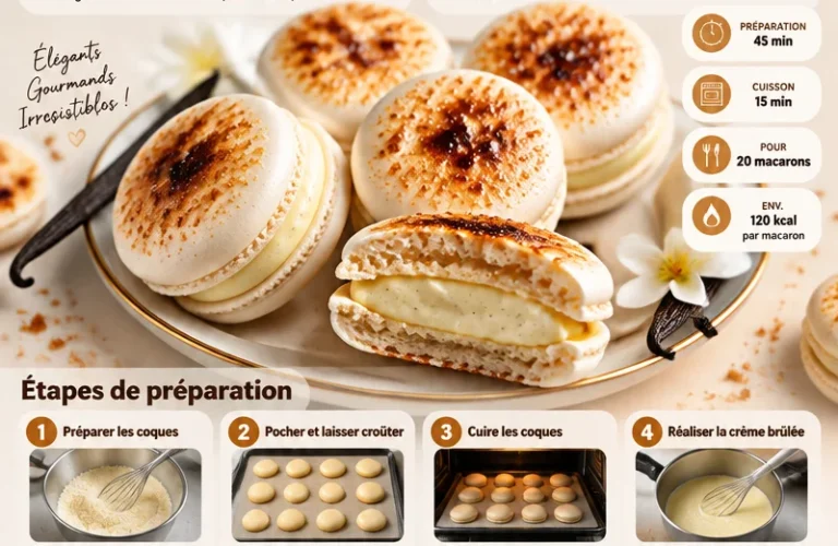 Macarons à la crème brûlée, délicieuses douceurs françaises au goût unique.
