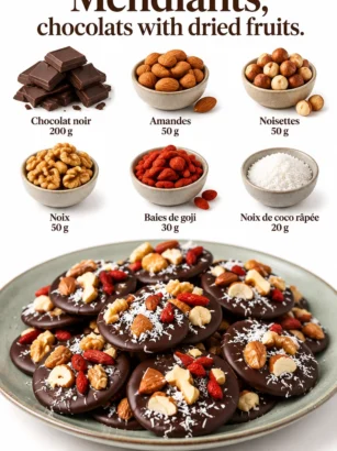 Mendiants en chocolat avec des fruits secs variés sur un plateau.