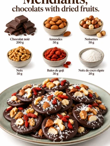 Mendiants en chocolat avec des fruits secs variés sur un plateau.