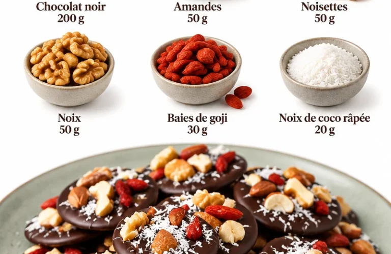 Mendiants en chocolat avec des fruits secs variés sur un plateau.