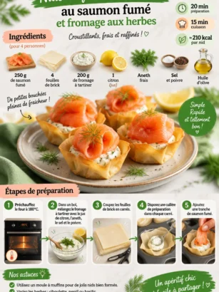 Nids de feuilles de brick au saumon fumé et fromage aux herbes, plat savoureux et raffiné