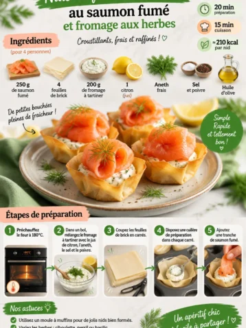 Nids de feuilles de brick au saumon fumé et fromage aux herbes, plat savoureux et raffiné