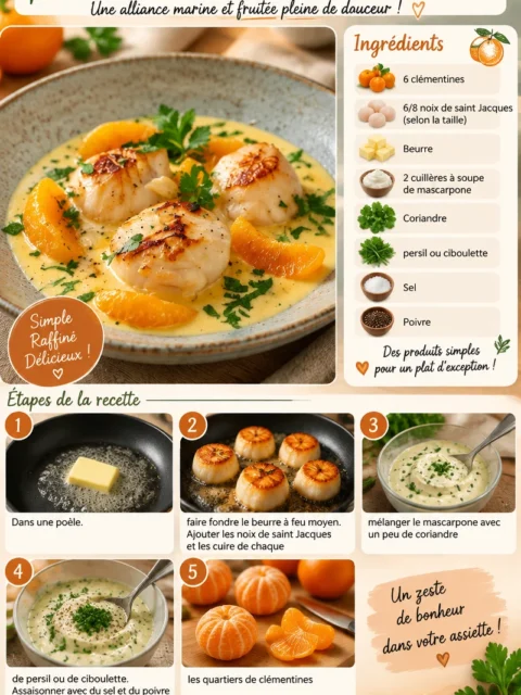Noix de saint jacques servies avec des clémentines, plat gourmet exquis.