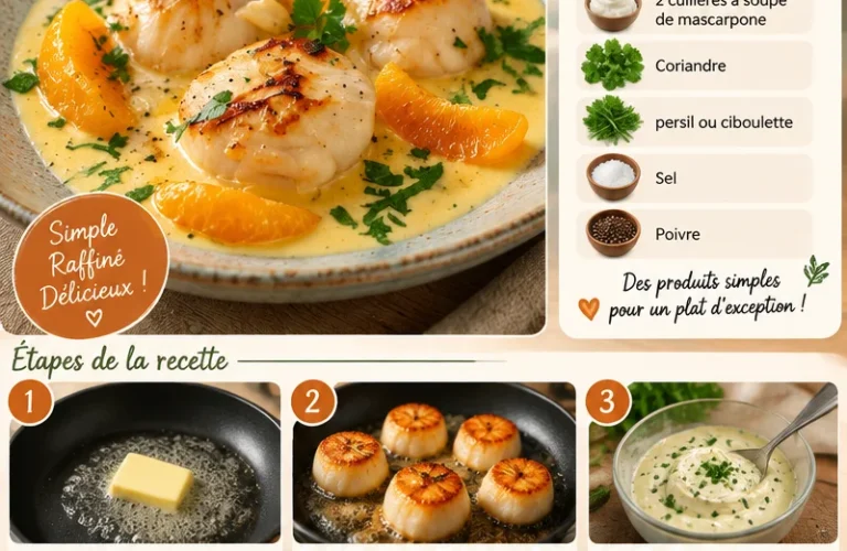 Noix de saint jacques servies avec des clémentines, plat gourmet exquis.