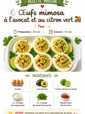 Œufs mimosa à l’avocat et au citron vert, un apéritif rafraîchissant et savoureux.
