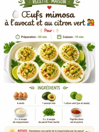 Œufs mimosa à l’avocat et au citron vert, un apéritif rafraîchissant et savoureux.
