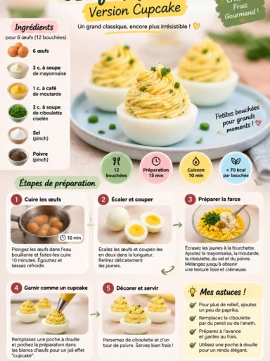 Œufs mimosas stylisés comme des cupcakes pour une présentation attrayante.