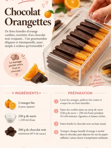 Orangettes au chocolat faites maison avec des zestes d'orange et du chocolat noir.