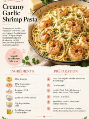 Pâtes crémeuses aux crevettes à l'ail servies dans un plat