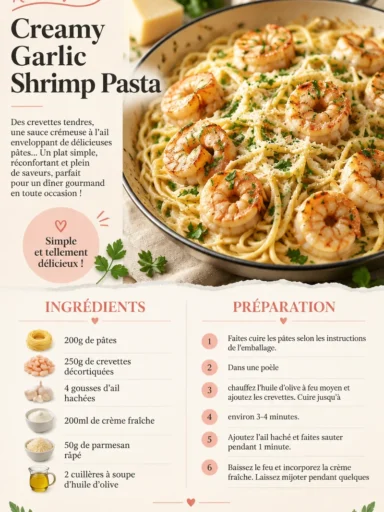 Pâtes crémeuses aux crevettes à l'ail servies dans un plat