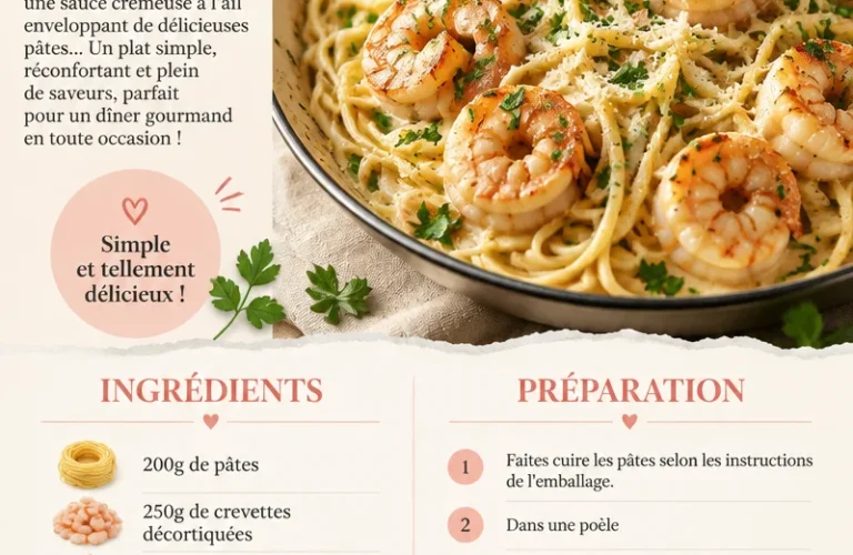 Pâtes crémeuses aux crevettes à l'ail servies dans un plat