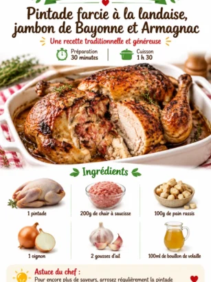 Pintade farcie à la landaise avec jambon de Bayonne et Armagnac