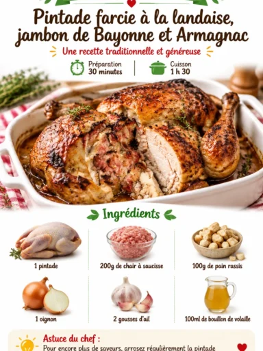 Pintade farcie à la landaise avec jambon de Bayonne et Armagnac