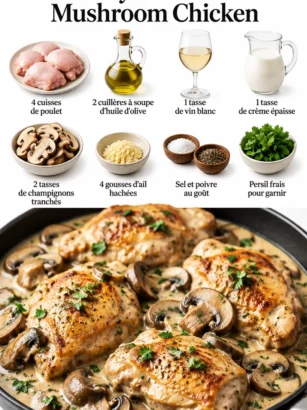 Poulet aux champignons et vin blanc crémeux, un plat savoureux prêt à être dégusté