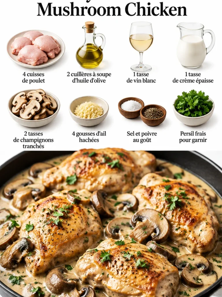Poulet aux champignons et vin blanc crémeux, un plat savoureux prêt à être dégusté