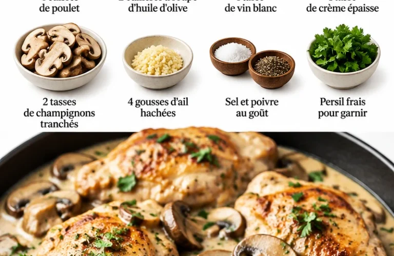 Poulet aux champignons et vin blanc crémeux, un plat savoureux prêt à être dégusté