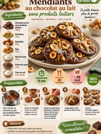 Mendiants au chocolat au lait sans produits laitiers avec garnitures saines