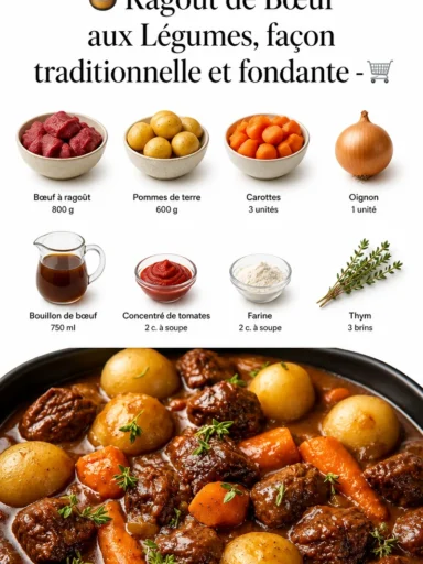 Ragoût de bœuf aux légumes traditionnel et fondant dans une casserole
