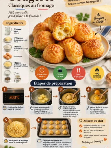 Gougères - Choux au fromage français classiques dorés et gonflés au four