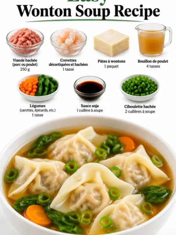 Soupe de wonton servie dans un bol avec des garnitures fraîches.
