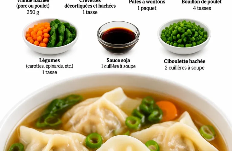 Soupe de wonton servie dans un bol avec des garnitures fraîches.