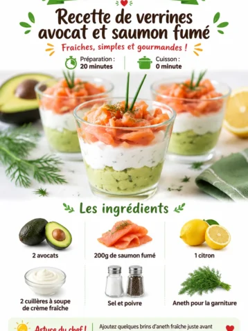 Verrines à l'avocat et au saumon fumé garnies, un apéritif élégant