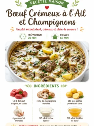 Plat de viande de boeuf aux champignons et à l'ail crémeux