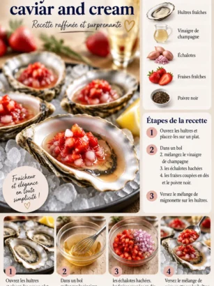 Recette d'huîtres avec mignonnette de champagne et fraises, caviar et crème.