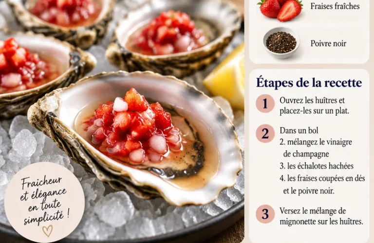 Recette d'huîtres avec mignonnette de champagne et fraises, caviar et crème.