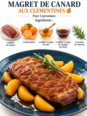 Magret de canard cuit avec clémentines et miel, plat élégant et savoureux