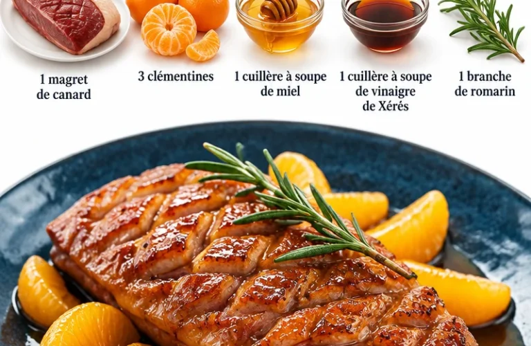 Magret de canard cuit avec clémentines et miel, plat élégant et savoureux