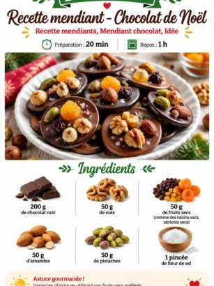 Mendiant chocolat décoré de fruits secs et d'amandes, spécialités de Noël.
