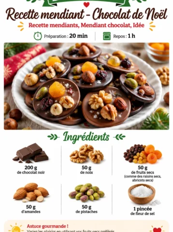 Mendiant chocolat décoré de fruits secs et d'amandes, spécialités de Noël.