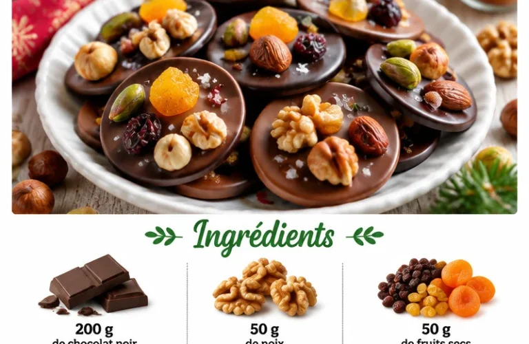 Mendiant chocolat décoré de fruits secs et d'amandes, spécialités de Noël.