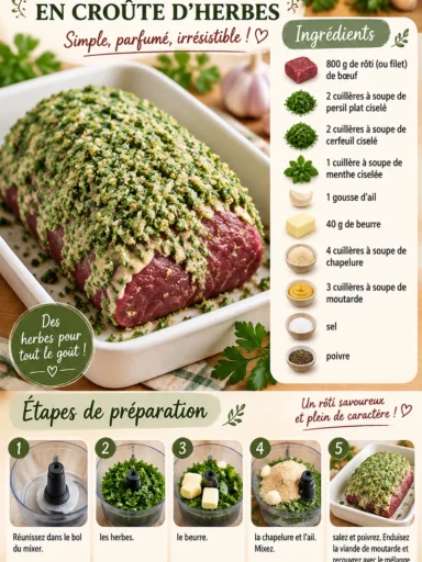 Rôti de bœuf en croûte d'herbes, un plat savoureux et élégant pour les gourmets.
