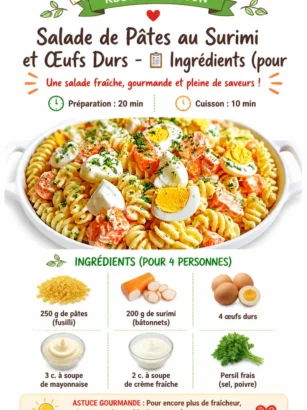 Salade de pâtes avec surimi et œufs durs dans un bol coloré