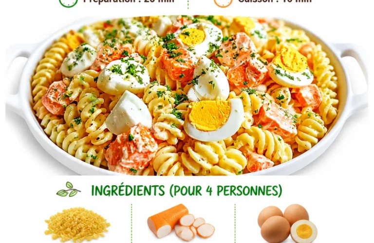 Salade de pâtes avec surimi et œufs durs dans un bol coloré