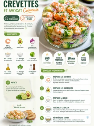 Salade de crevettes avec avocat crémeux servie dans un bol.