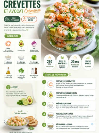 Salade de crevettes avec avocat crémeux servie dans un bol.