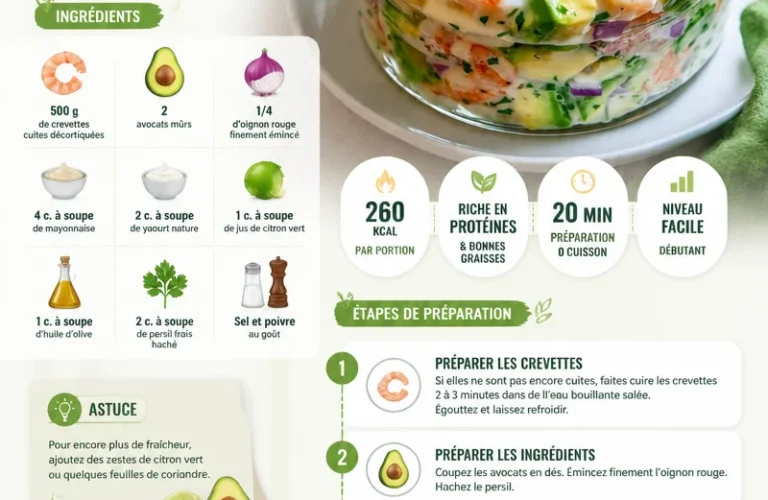 Salade de crevettes avec avocat crémeux servie dans un bol.