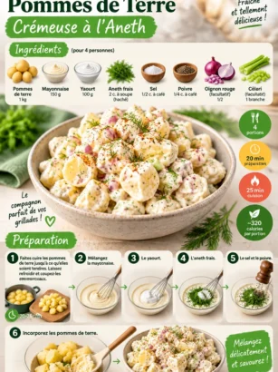 Salade de pommes de terre crémeuse à l'aneth servie dans un bol.