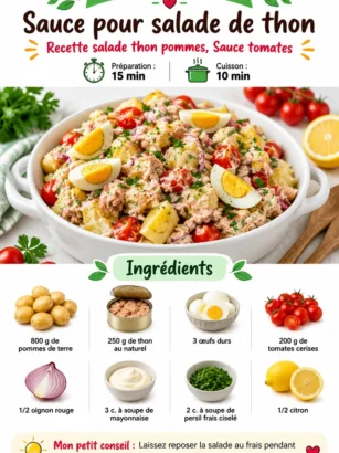 Recette de salade thon avec sauce tomates et pommes, un plat frais et savoureux.