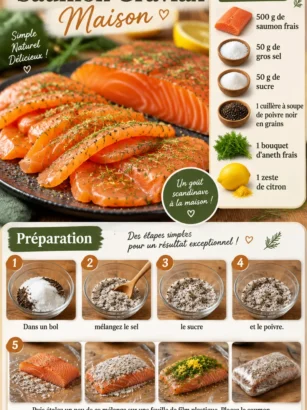 Saumon gravlax maison préparé avec des épices et de l'aneth.